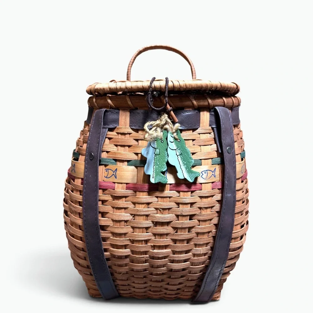 Handcrafted Woven Split Oak Fishing Creel Basket Backpack Cabin Decor
